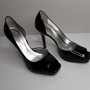 Jessica Simpson black patent peeptoe heels